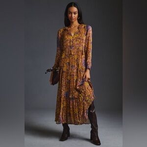 Anthropologie womens large maxi dress yellow purple Marais print chiffon flowy